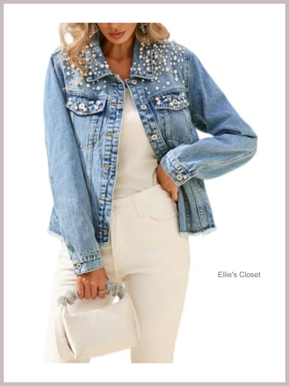 Women's Pearl Embellished Denim Jacket Frayed Button Up Light Blue Outerwear